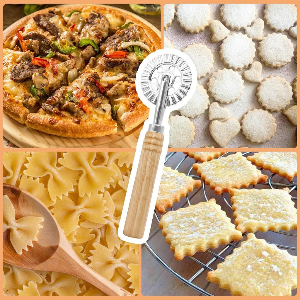 Raviolica Cutter Stamp with Roller Wheel Round Shape with Wood Handle and Grooved Edge Pasta Press Pasta Cutter for Home Kitchen