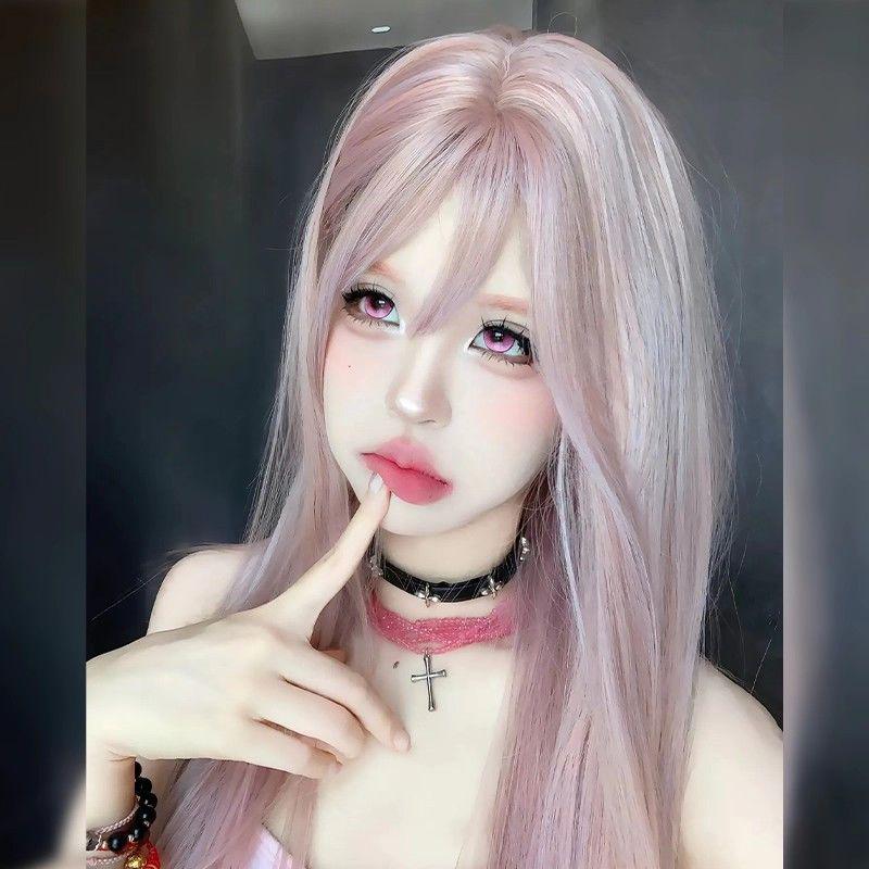 

Gray Pink Long Straight Wig with Bangs for Women & Girls - Versatile Look with Rose Net Full Head Cover
