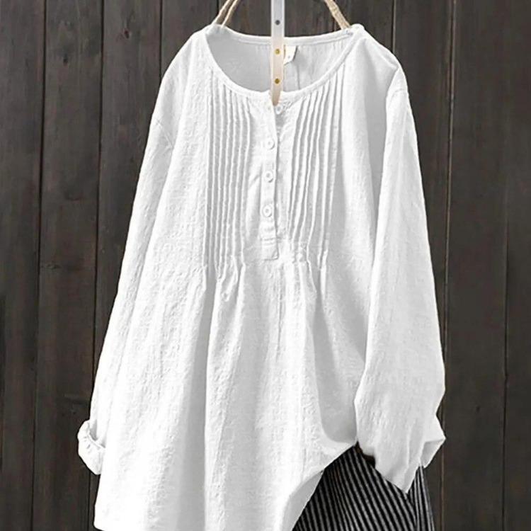 

All-match Solid Color Loose Large Size Cotton Linen Long Sleeve O-Neck Retro Casual Blouse Shirt Top for Women Autumn Harajuku M холодный белый