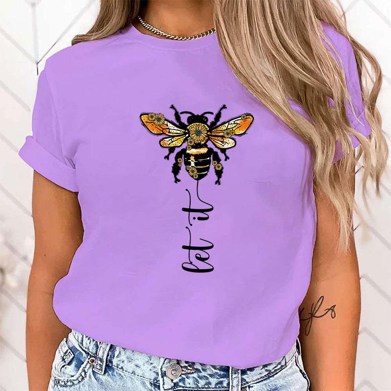 (High Quality T Shirt)Funny Bee Let It Print T-Shirts For Women Summer Round Neck Tee Shirt Femme Fashion Casual T-Shirts