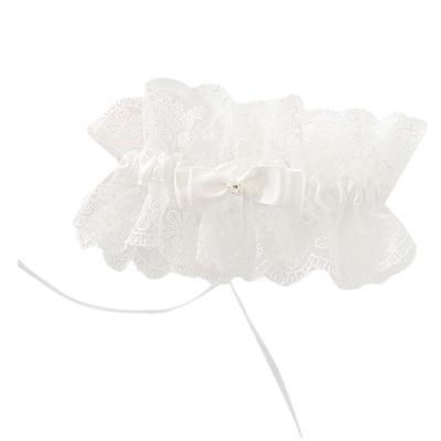 Womens Sexy Ruffles Embroidery Floral Lace Thigh Garter Belt Rhinestone Ribbon Bowknot Wedding Bride White Elastic Leg Ring Loop