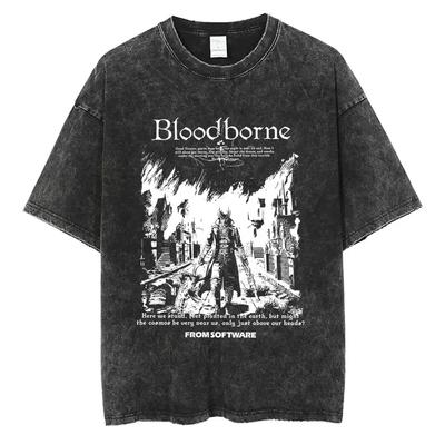Camiseta Unisex Lavada Vintage Juego Bloodborne Horror Cazador Miedo La Vieja Sangre Camiseta Oversize Casual Unisex Ropa Urbana Retro