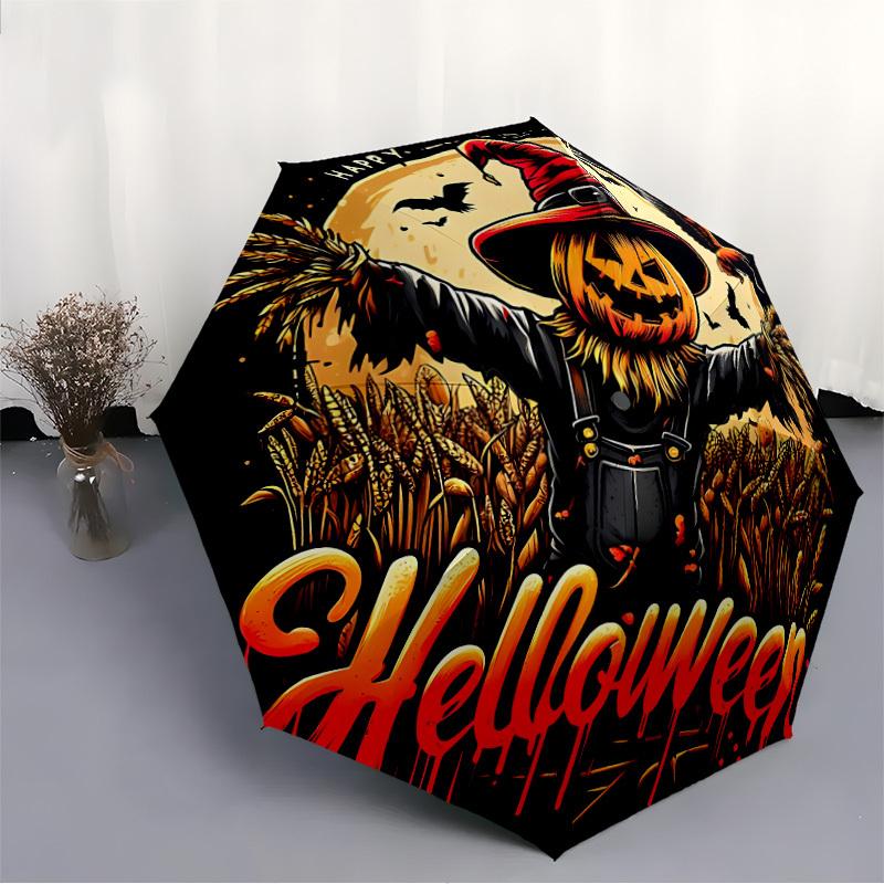 1pc Halloween Horror Pumpkin Patch Automatic Folding Umbrella, Lightweight Retractable Compact Travel Umbrella, 8-Rib Sturdy Frame082