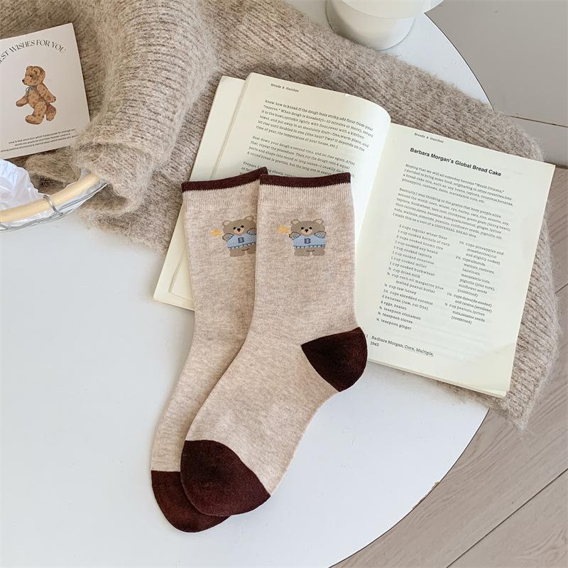 Female Spring and Autumn Polka Dot Striped Cartoon Bear Cloth Logo Collision Color Tube Pile Socks