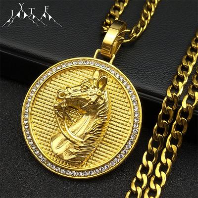 Rhinestone Horse Head Pendant Necklace for Men Hip Hop Stainless Steel Gold Color Animal Lucky Jewelry Gift for Boyfriend 7619-3