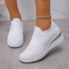 Fashion Rhinestone Decor Wedge Sneakers for Women Breathable Knitted Non Slip Running Shoes Woman Comfortable Slip On White Sports Shoes