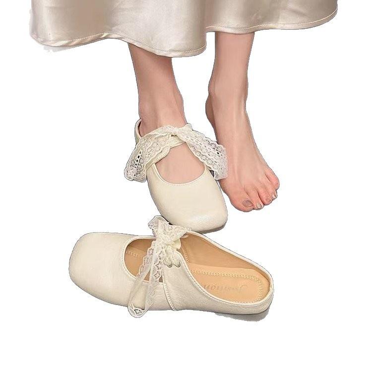 French Lace Shoelaces Half-drag Women's Outer Wear 2025 Summer New Flat-bottomed Lace Bow Mary Jane Sandals