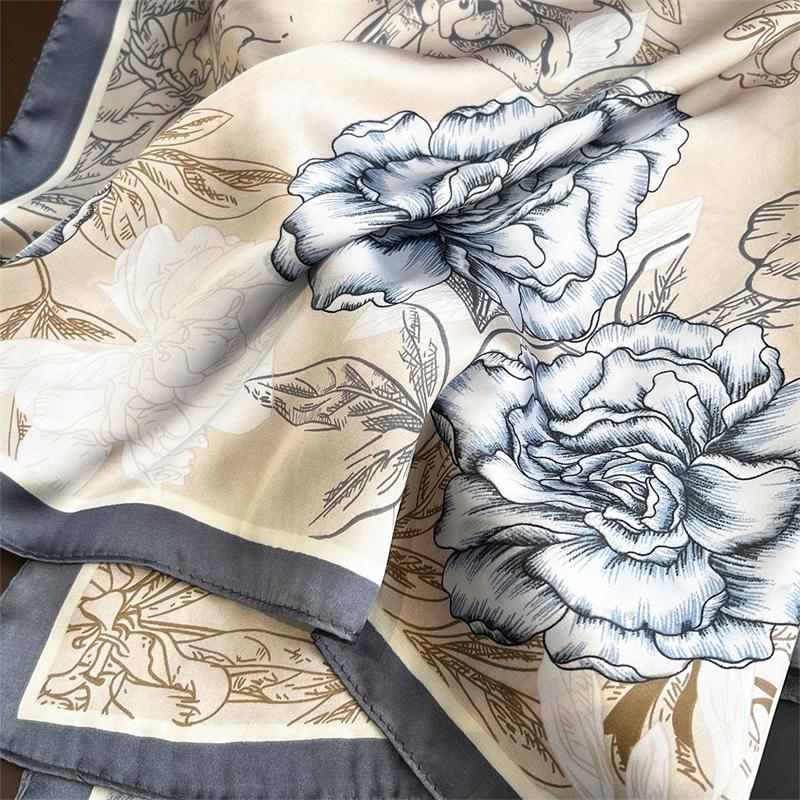 Fashion Luxury Rose Print Scarf Women Silk Scarves Bandana Hijab Neckerchief Shawl Kerchief Hair Band Foulard