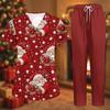 Women's Uniform Set with Short Sleeve Christmas Print Top and Pants, Two Piece Caregiver with Pockets