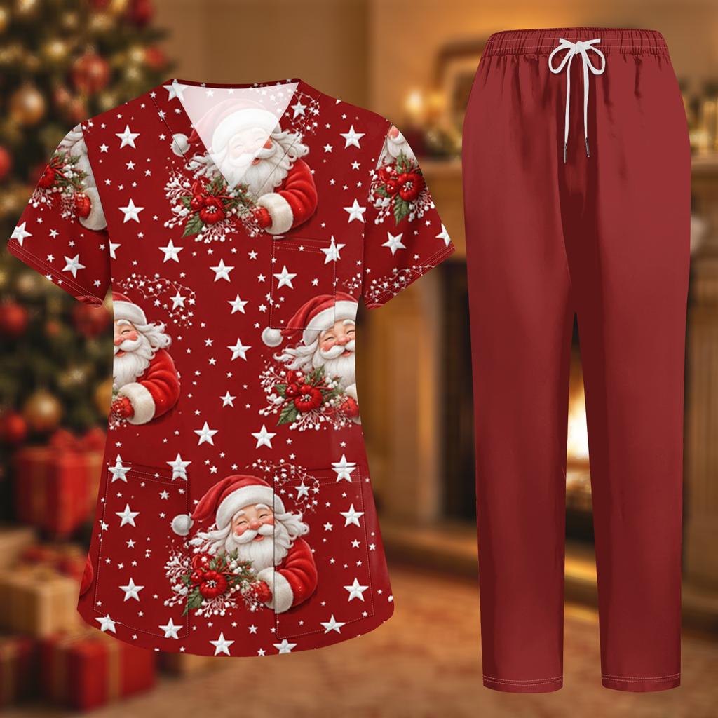 Women's Uniform Set with Short Sleeve Christmas Print Top and Pants, Two Piece Caregiver with Pockets