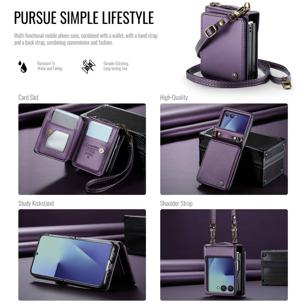 For Samsung Galaxy Z Flip 8 Wallet Case with RFID Blocking Leather Card Holder with Detachable Wristlet Strap Flip Phone Cover