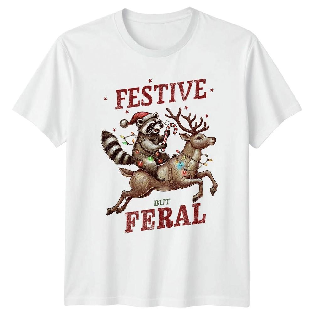 Festive But Feral Raccoon Reindeer Christmas Holidays Unisexs Unisexs Graphic Tee a S