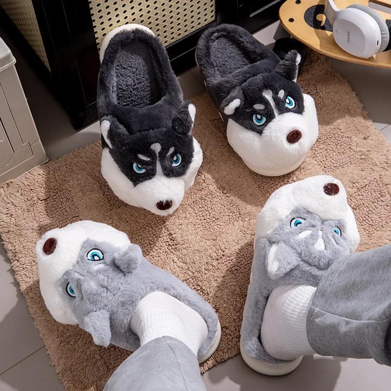 Fashion Women Indoor Cotton Slippers Cute Cartoon Dog Winter Warm Shoes Couples Home Floor Slides Anti-slip  Female Male House Footwear