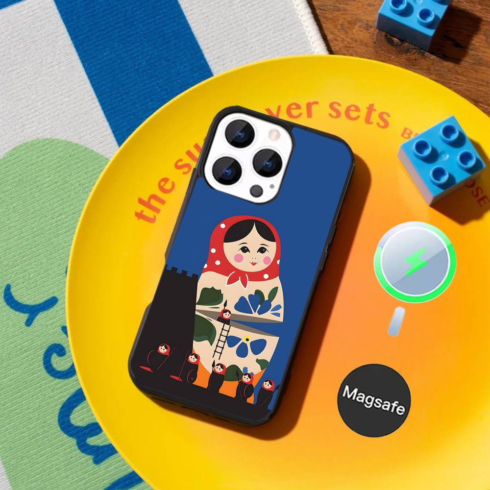

Russian Dolls Matryoshka Shockproof Black Phone Case For iPhone 17,16,15,14,13,12,11,Pro,Max,Plus Magnetic Wireless Charging iPhone13