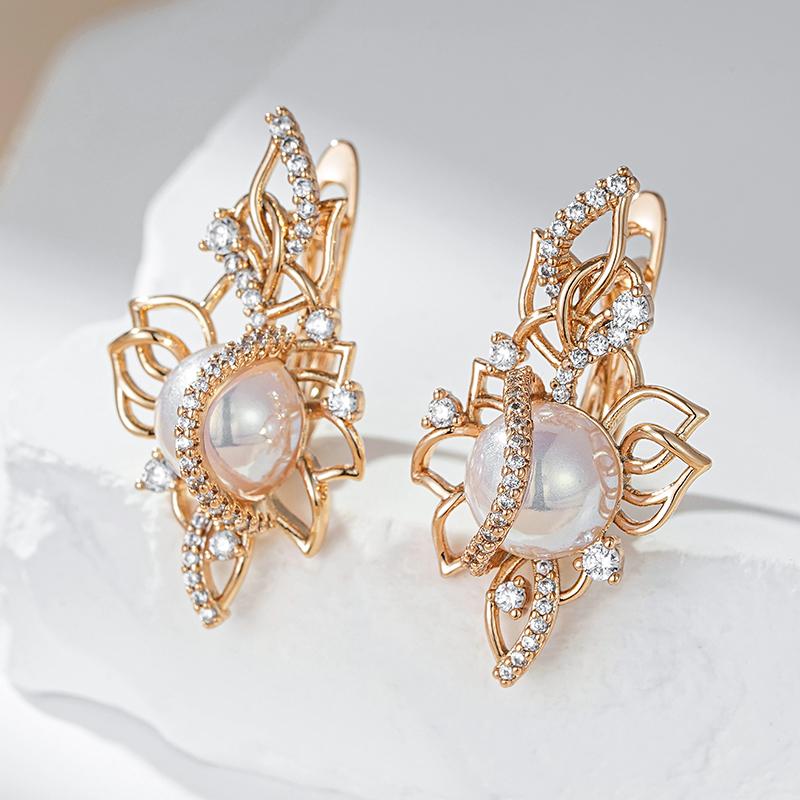 Luxury  Rose Gold Drop Earrings For Women Unique Geometric Hollow Bridal Accessories Natural Zircon Pearl Jewelry Gift