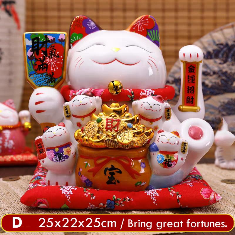 10.2 Inch Large Lucky Cat Statue Maneki Neko Ornament Ceramic Beckoning Cat with Movable Arm Porcelain Fortune Cat Figurine