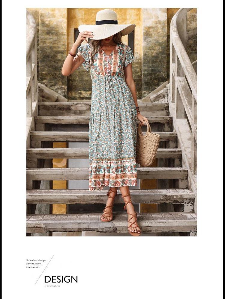 Women Retro Slim Fit Long Print Dress European American Style Summer Green