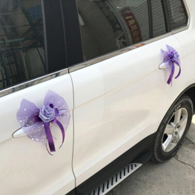 Wedding Car Door Handle Flowers DIY Artificial Cars Rearview Mirror Bouquet Flower Bowknot Ribbon Decors Automotive Accessories