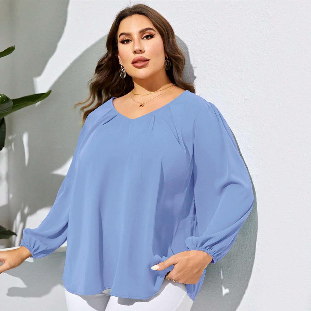 Plus Size Women V Neck Loose Long Sleeve Casual Elegant Blouse Ladies Top