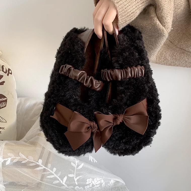 Bow-tie thick-soled fluffy shoes, women's autumn and winter height increase, one pedal, velvet Mary Jane cotton shoes