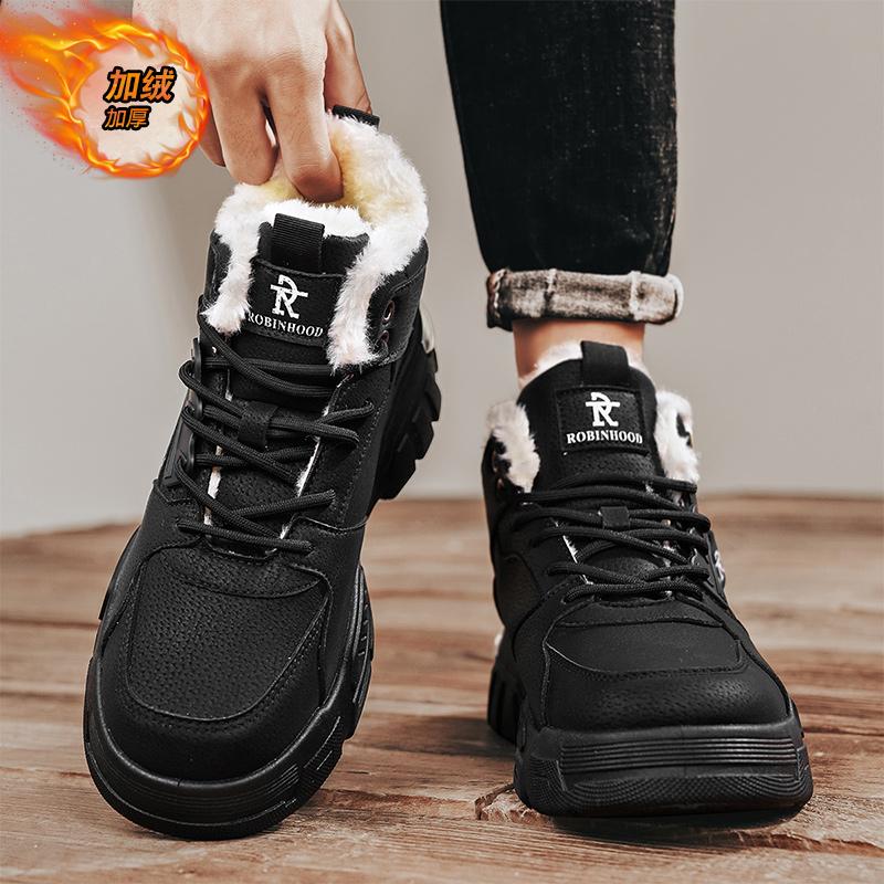 2025 Warm Fur Snow Boots for Men Plush Leather Work Shoes Mens Skateboard High Top Platform Casual Sneaker Thick Bottom Flats