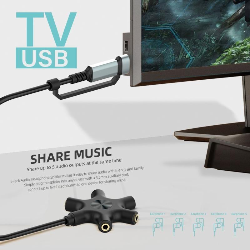 Two to Five AUX Expansion Splitter USB A/Type C Male to 5-Port 3.5mm Female Music Sharer Adapter for Headphone Speaker