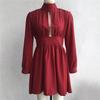 Women Summer A-Line Dress High Waist Slim Fit Stand Collar Above Knee Full Sleeve Solid Color Spring S-XL