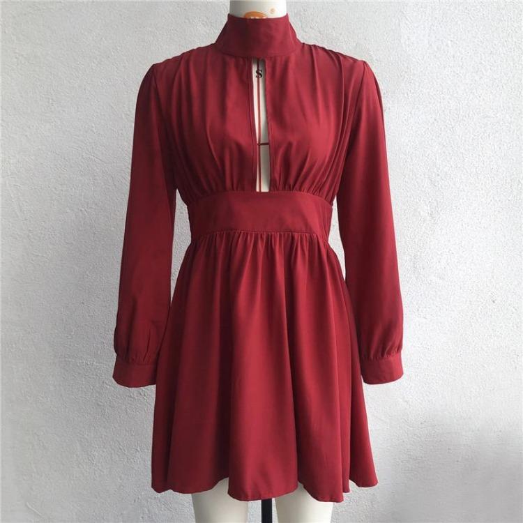 Women Summer A-Line Dress High Waist Slim Fit Stand Collar Above Knee Full Sleeve Solid Color Spring S-XL