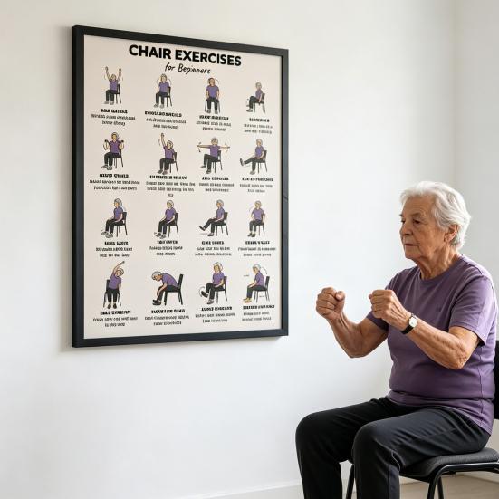 Chair Exercise Poster Seated Workout Chart Gentle Chair Yoga Movements Low Impact Exercise Guide for Seniors Beginners