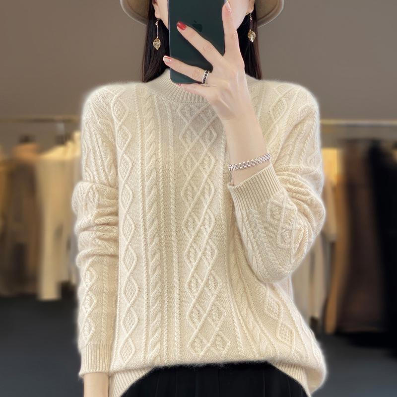 Women's Pure Wool Knitted Pullover Sweater for Autumn-Winter, Round Neck, New 23100