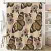 Vintage Butterfly Flower Shower Curtain Decor for Bathrooms Printed Polyester Fabric with Hooks Included (Tan Black)