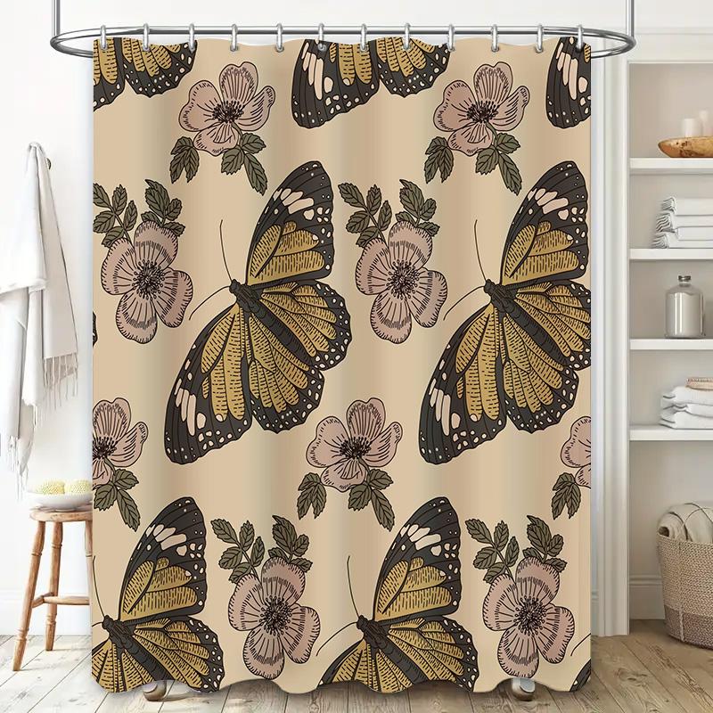 Vintage Butterfly Flower Shower Curtain Decor for Bathrooms Printed Polyester Fabric with Hooks Included (Tan Black)