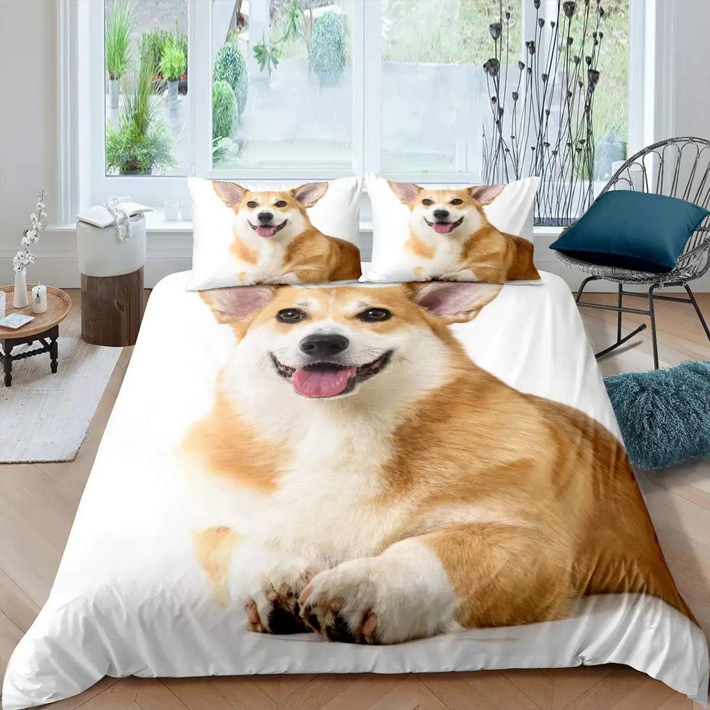 Zestaw poszewek na kołdrę z psem rasy Mops Corgi Shiba Szczeniak Poszewka na kołdrę z psem Kocham psy Zestawy pościeli Zwierzęta Kawaii Kreskówkowe narzuty Rozmiar pełny