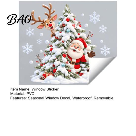 Christmas Window Decals for Home Xmas Tree Santa Sticker, Static Cling Snowy Elk Sticker Decal, Removable Waterproof PVC Decal Glass Doors Windows