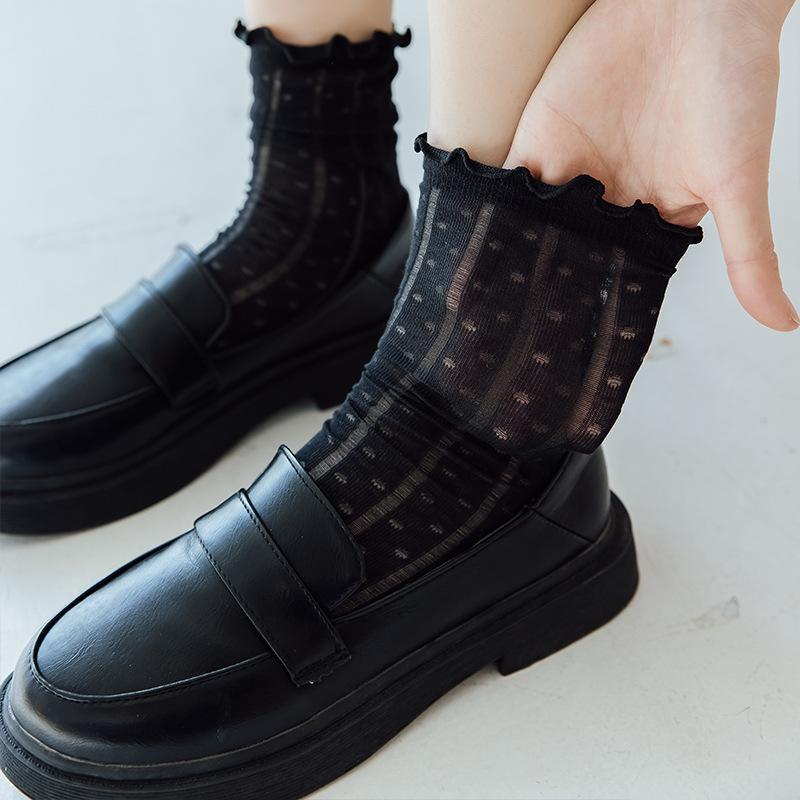 Polka Dot Socks for Women Summer Black Fungus Fringed Pile Socks Thin Mesh Mid-calf Socks Japanese-style Lace Socks