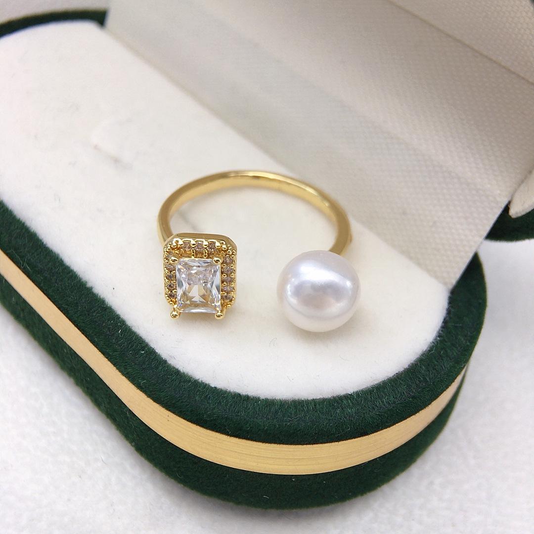 Adjustable Simple Square Zircon Freshwater Pearl Ring