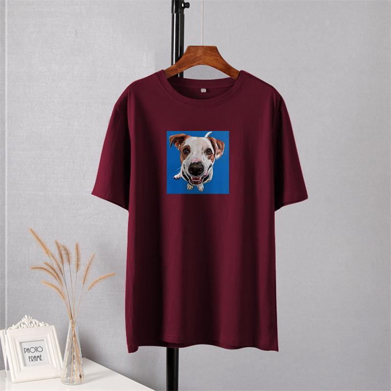

Shellsuning милые футболки с принтом собаки для женщин, одежда больших размеров, летние новые винтажные мягкие футболки с короткими рукавами, женские повседневные простые топы в стиле Харадзюку 3XL вино красного