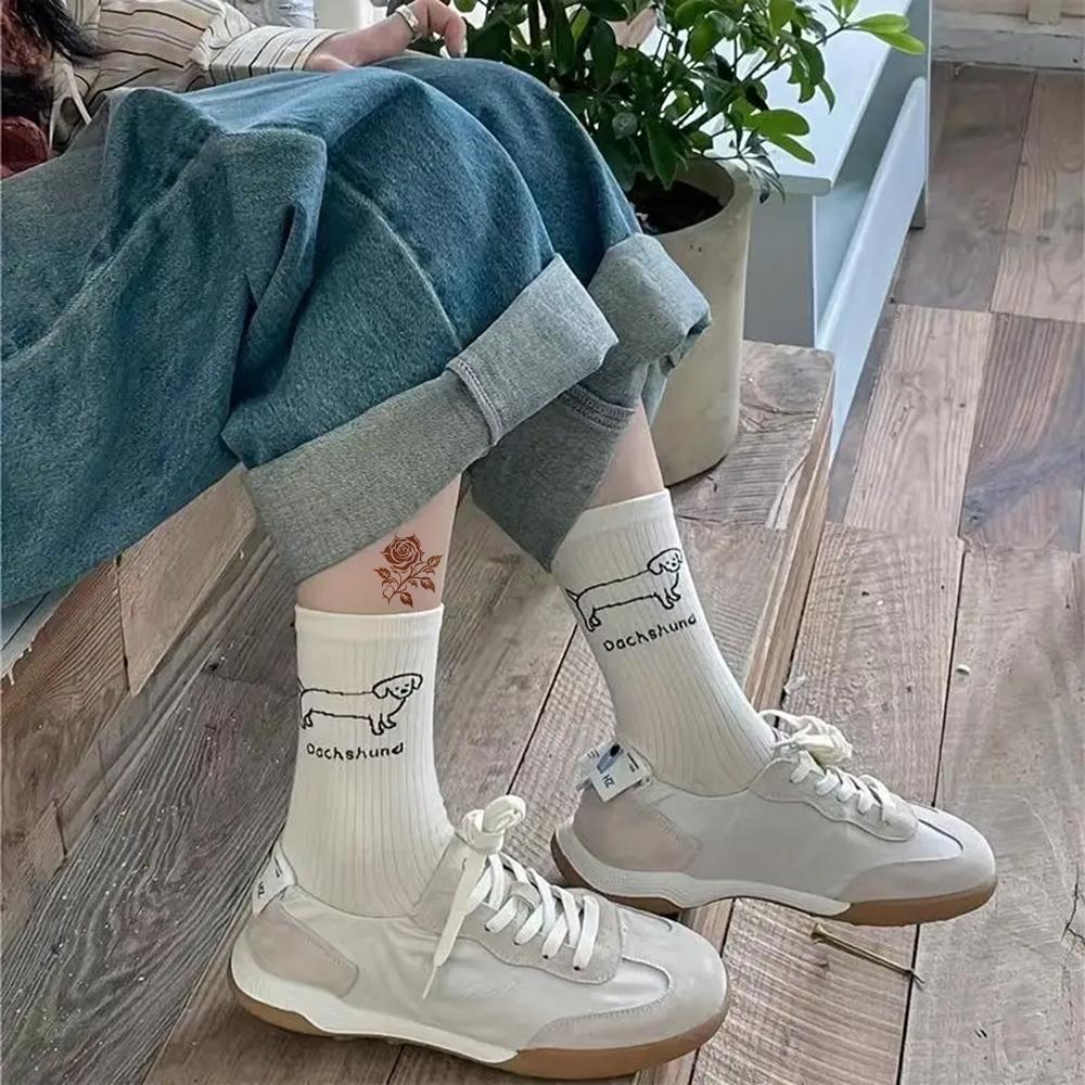 5 Pairs Women Cartoon Dog Pure Striped Mid Length Socks For Women Cute Sweet Academy Style Socks