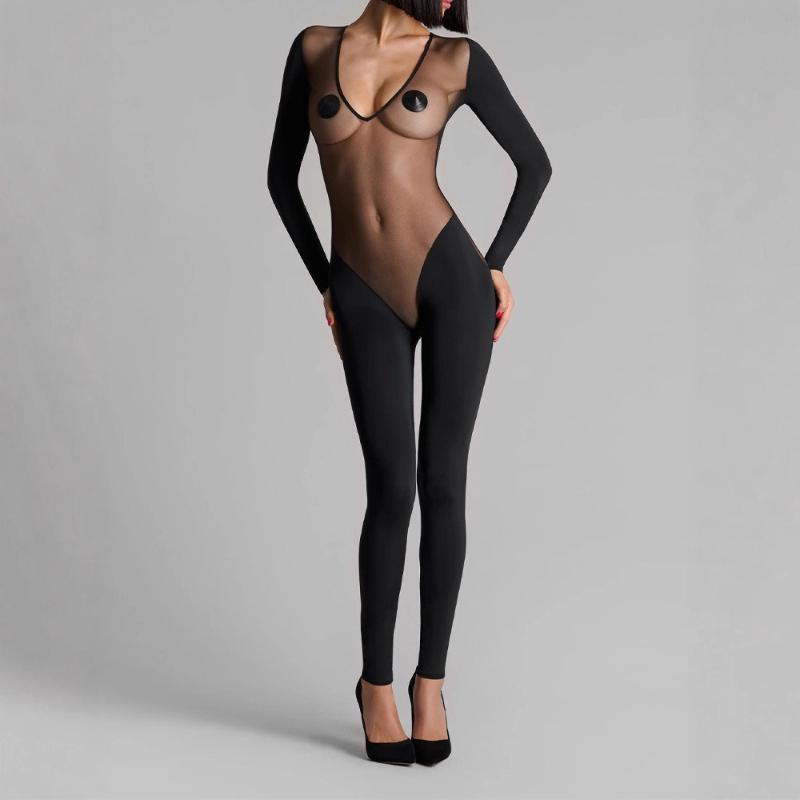 

Европейский и американский летний сексуальный длинный комбинезон с глубоким вырезом, длинными рукавами, высокой талией, просвечивающий, для женщин S чёрный