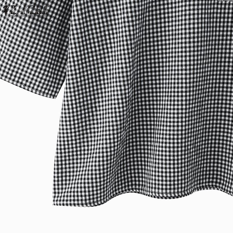 ZANZEA Women Casual Round Neck Plaid Print Loose Half Sleeve Blouse