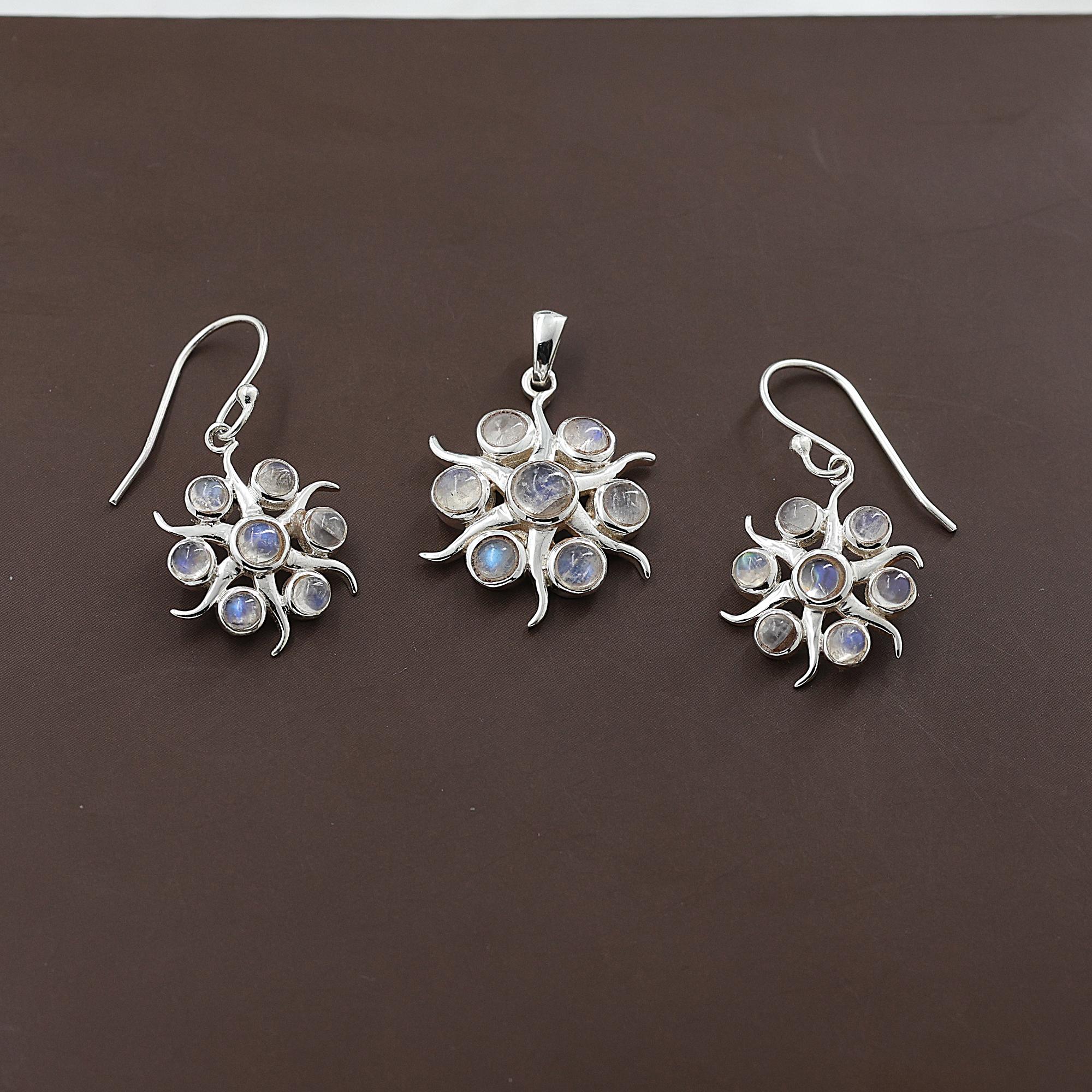 

Комплект из серебра 925 пробы с лунным камнем (подвеска и серьги), серебряные женские украшения, украшения ручной работы, подарок для нее An0445-213 белый