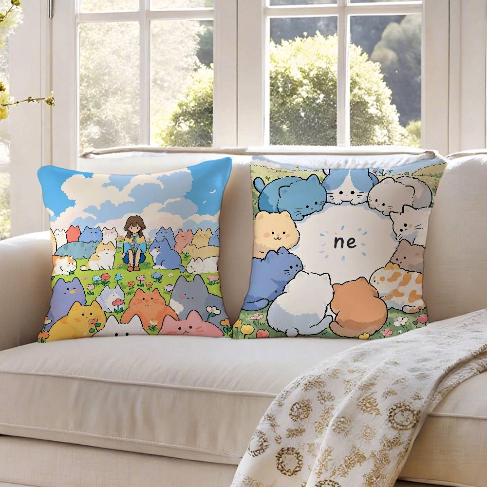Cartoon Cute Cat Picture With Fresh Pillow Case Anti-dustmite Pillowcase Invisible Zipper Silky Short Plush Sofa Cushion Cover