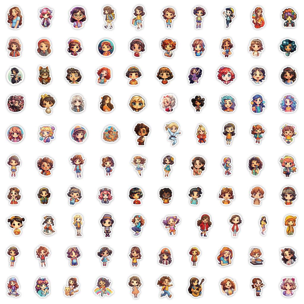 100 Cute Cartoon Girl Doodle Stickers Car Skateboard Suitcase Decoration Stickers Waterproof Stationery Stickers