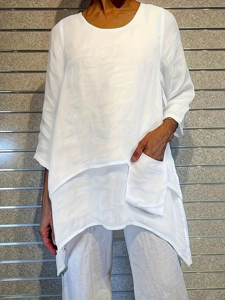 1116 Summer New Women's Large Size Elegant Series Loose Garden Neck Long Sleeve Top T-Shirt