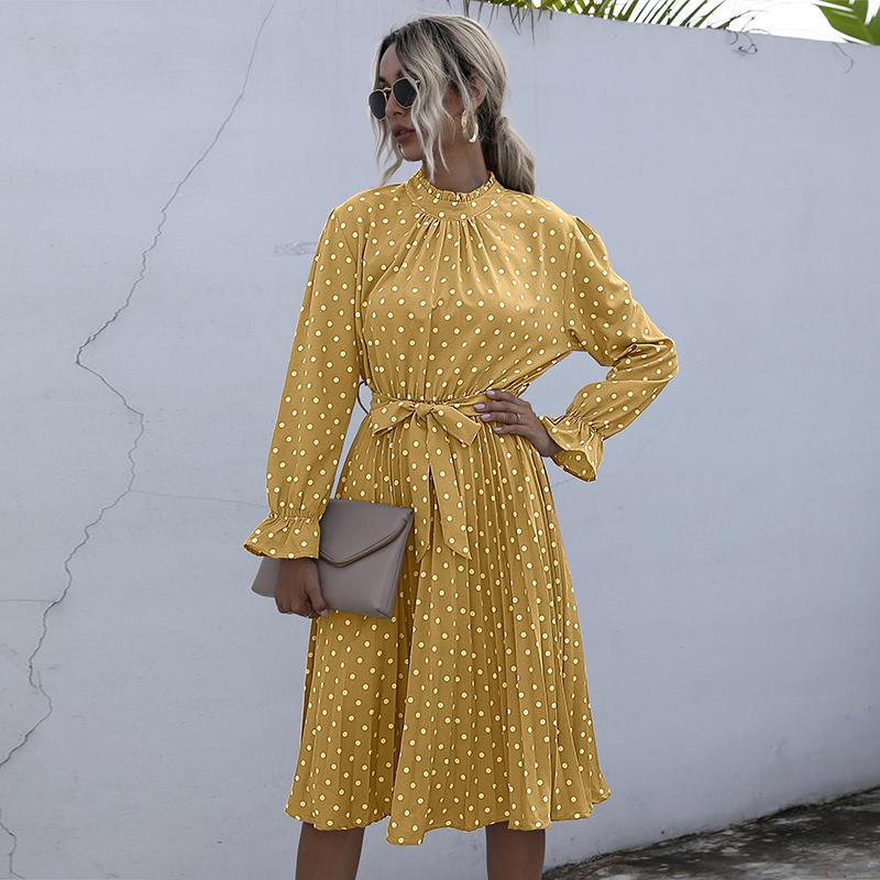 YYFS Women's Vintage Polka Dot Print Long Sleeve Slim Casual Dresses