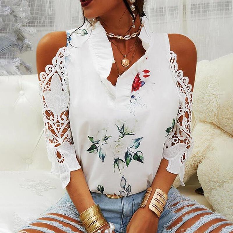 Camisas de encaje de tendencia de verano Nuevas damas Temperamento Gasa  Pullover Flor Estampado Off Hombro Costura Blusa Mujer Talla Grande  Clohting comprar a buen precio — entrega gratuita, reseñas reales con