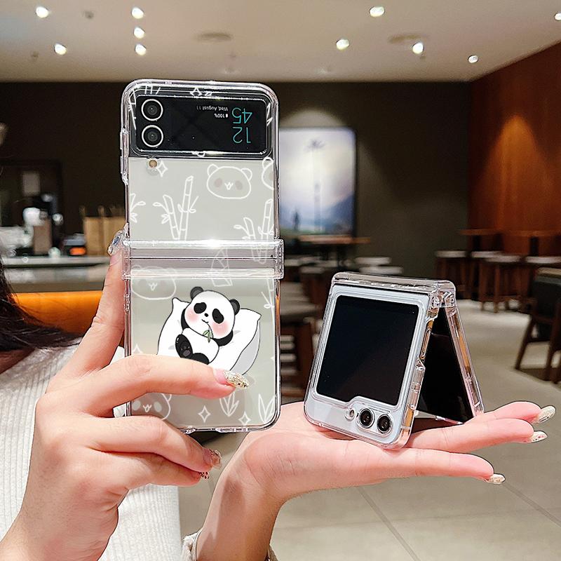 For Samsung Galaxy Z Flip6 Flip5 Flip4 Flip3 Shockproof Cartoon Panda Patterned 3PCS Foldable Hard Pc Clear Case Cover