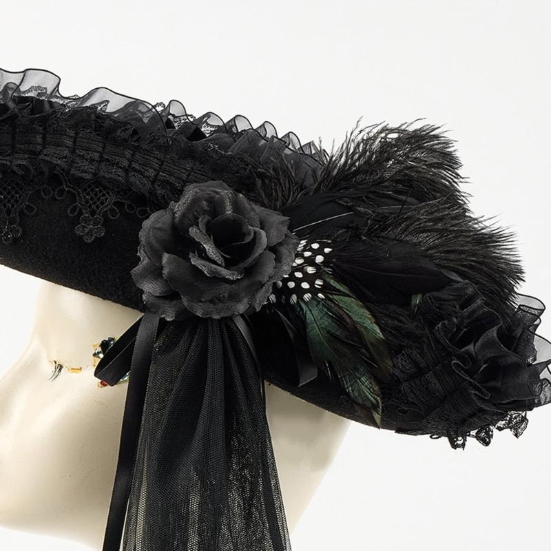 18th Century Pirate Captain Tricorn Hat With Adjustable Lace And Long Veil For Colonial Costume Halloween RolePlay Game