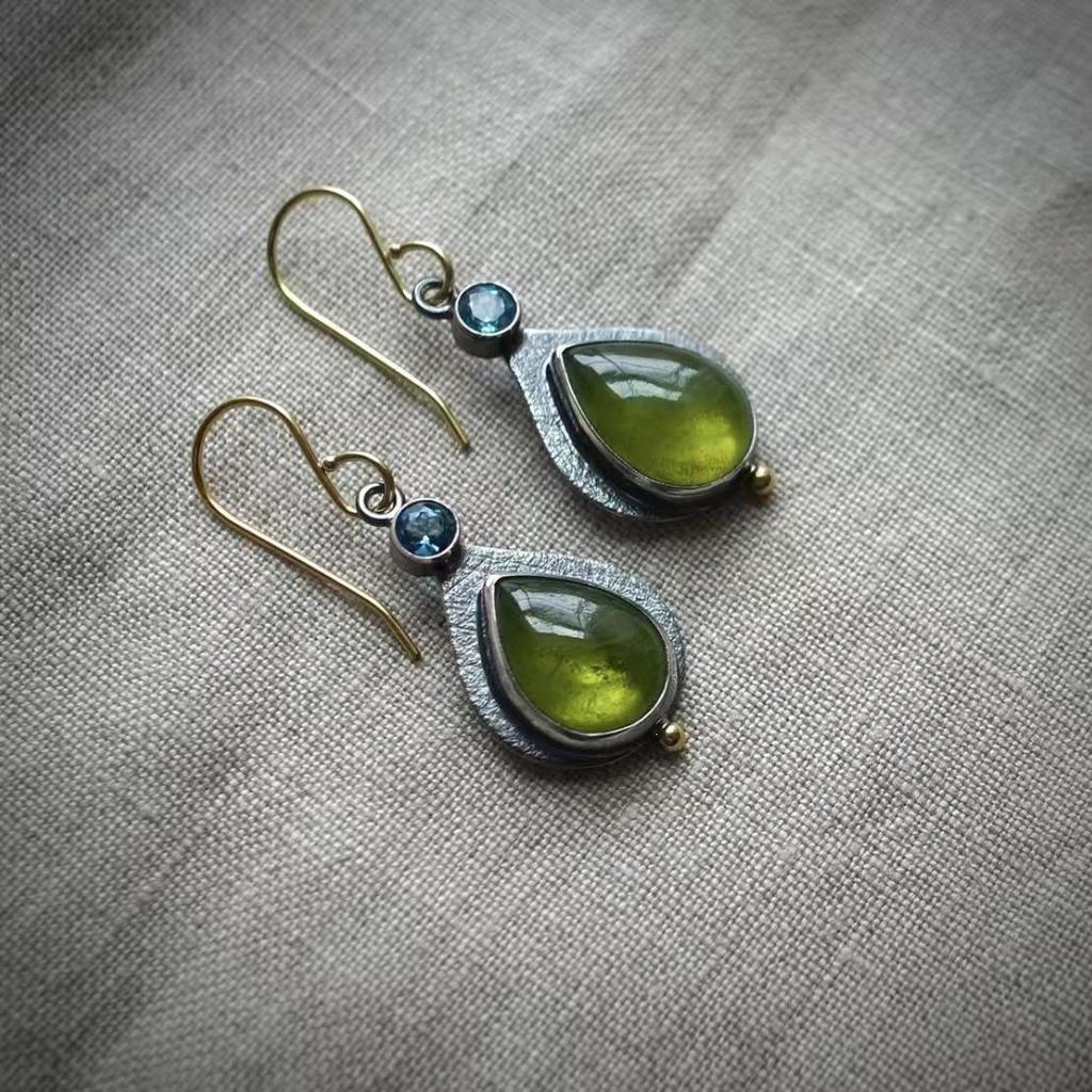 San Jie Retro Green Gemstone Water Drop Earrings - European & American Style