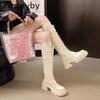 Winter Height Increase Knight High Women Boots Platform Thick Heels Shoes Female Belt Buckle Long Booties  De Muje